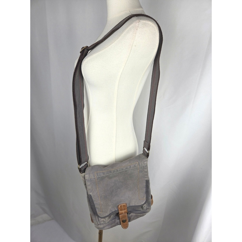 TSD Brand Messenger Bag Small Gray Canvas Leather Trim Crossbody Satchel